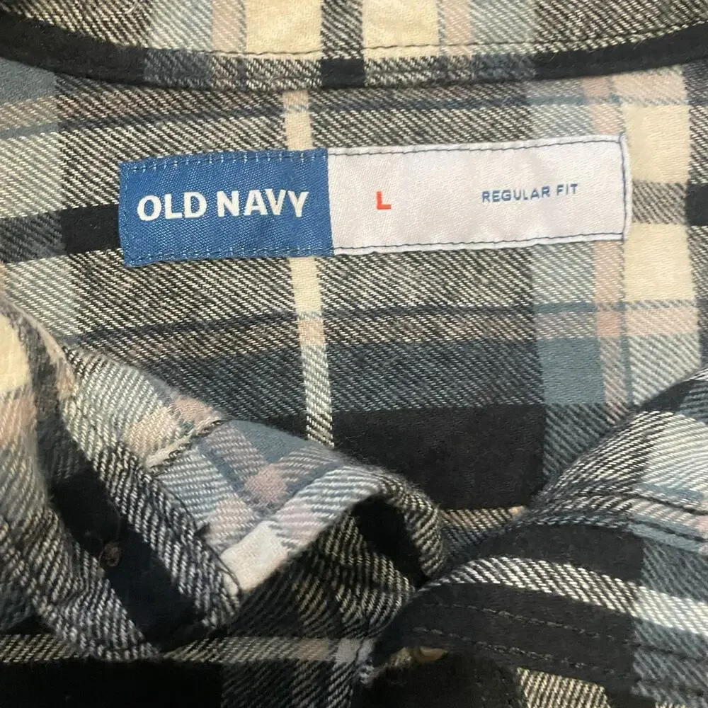 Old Navy Men’s Flannel Shirt Black Grey White Button Up 100% Cotton LARGE